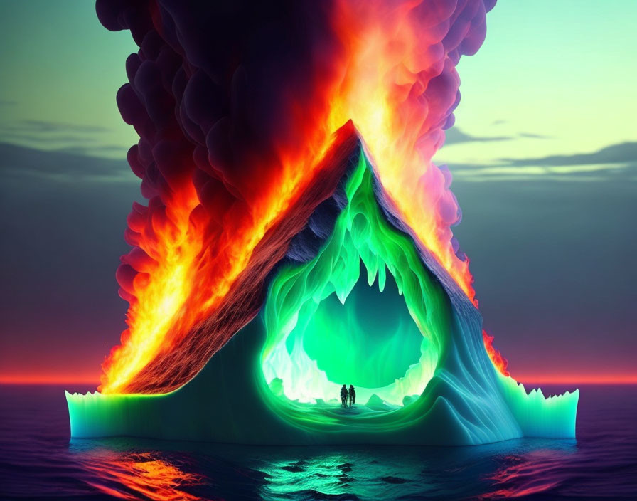 Surreal illustration of two people and glowing green cave with fiery eruption