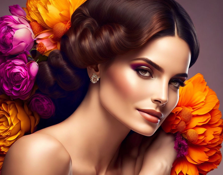 Portrait of Woman with Braided Updo and Striking Eye Makeup Amid Orange and Pink Flowers