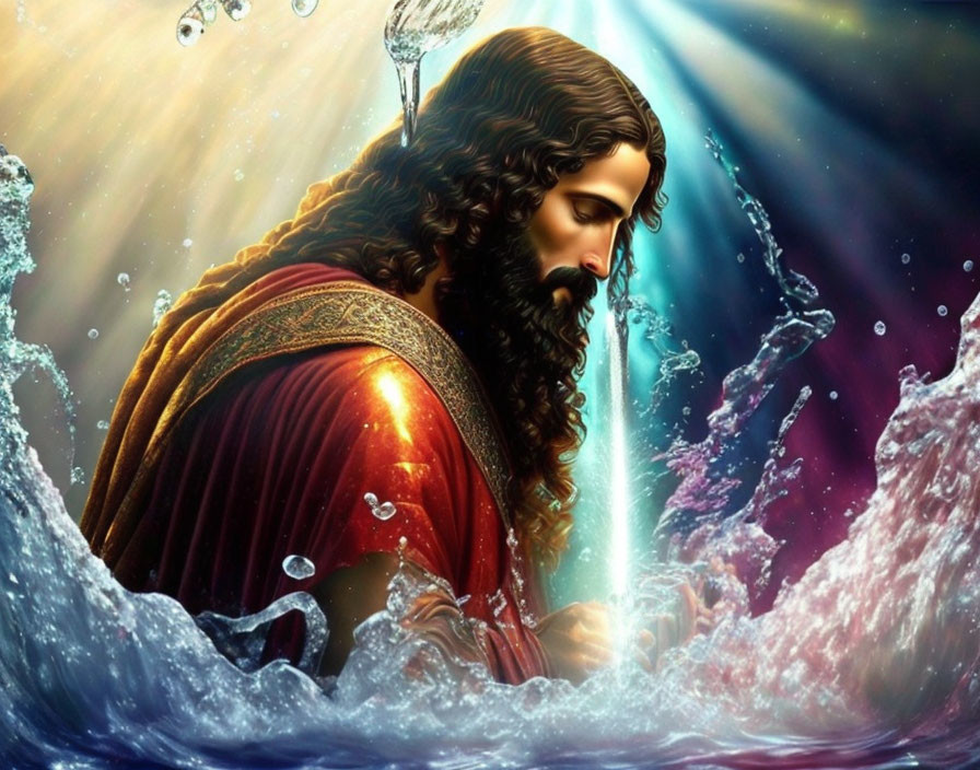 Digitally created image of serene bearded figure in red robe with vibrant water splashes and light beams