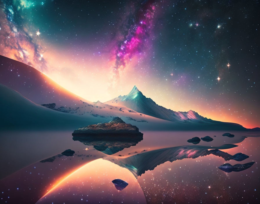 Snow-covered peaks and colorful nebulae in surreal landscape