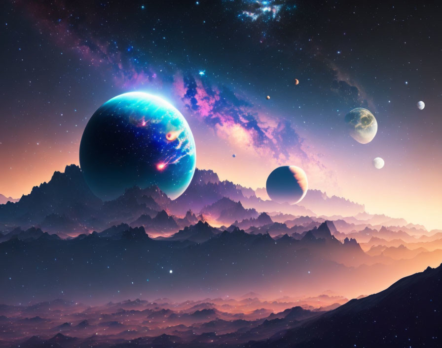 Surreal cosmic landscape with multiple planets over rocky terrain