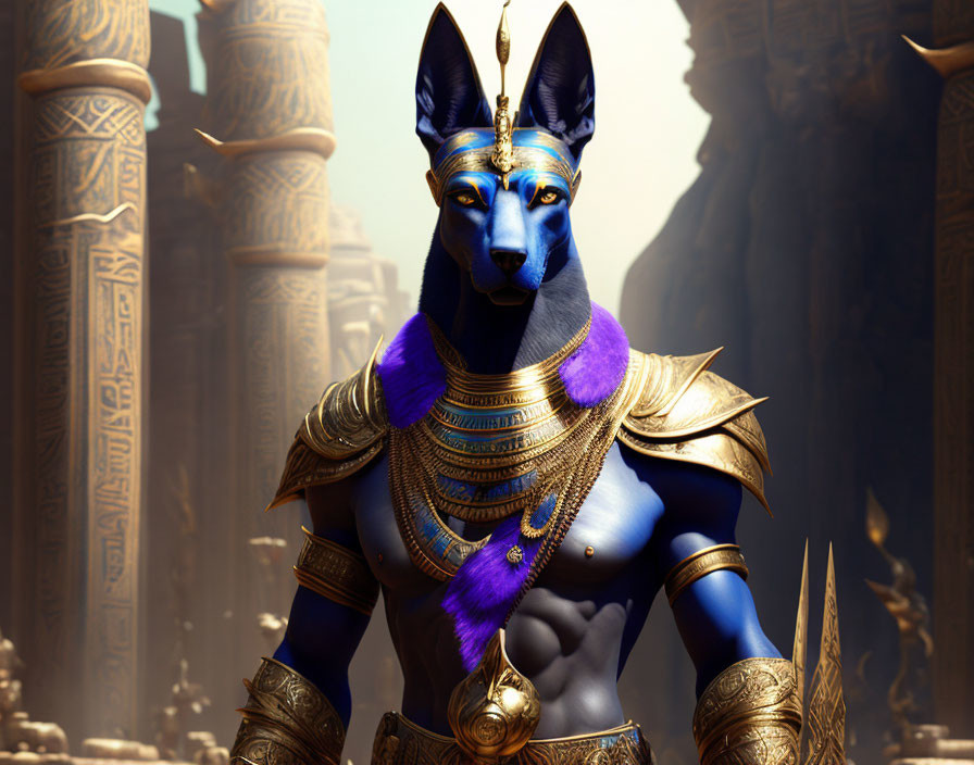 Anthropomorphic jackal in Egyptian headdress and armor in ancient temple.