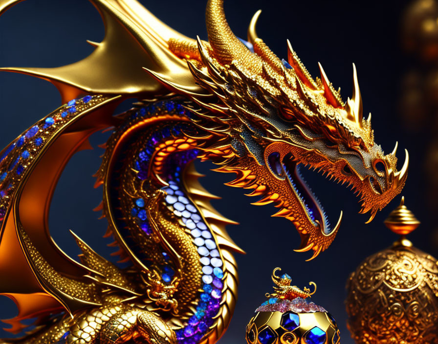 Detailed Golden Dragon with Blue Scales on Dark Background