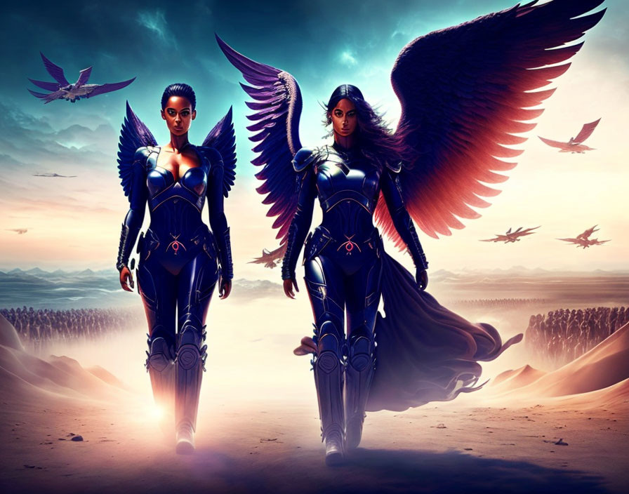 Two women in superhero costumes with angelic wings in sunset scenery