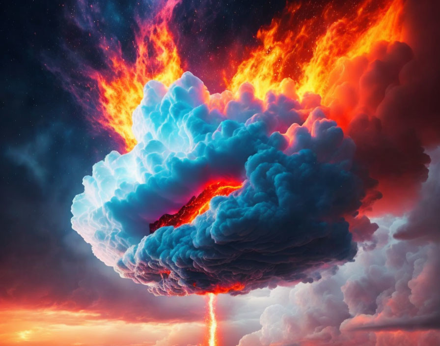 Colorful surreal image of massive mushroom cloud in sky