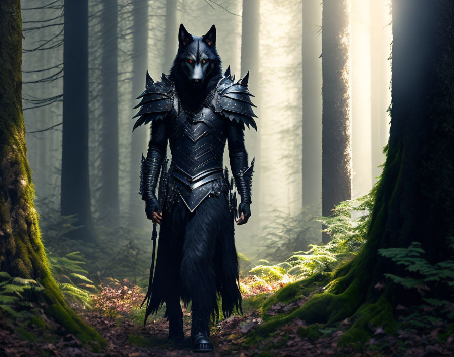 Black-armored wolf in misty forest with ethereal sunlight.