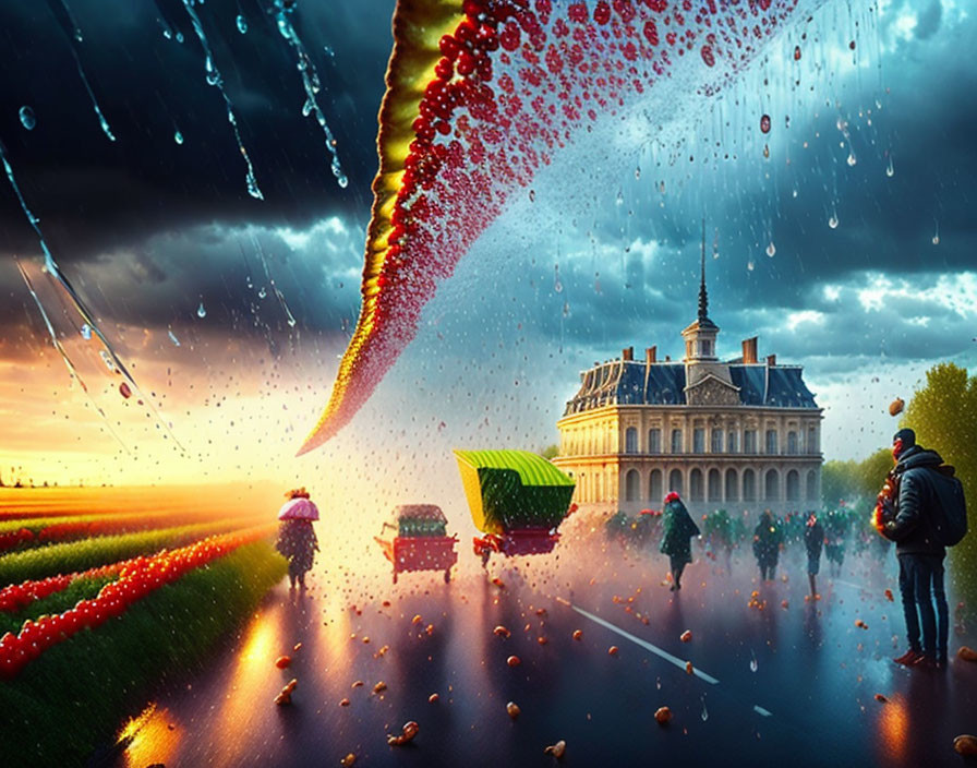 Surreal artwork featuring people, umbrella, flowers, vehicle, stormy sky with red apples,