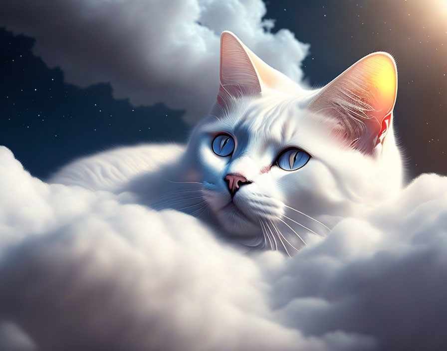 White Cat with Vivid Blue Eyes in Fluffy Clouds on Darkening Sky