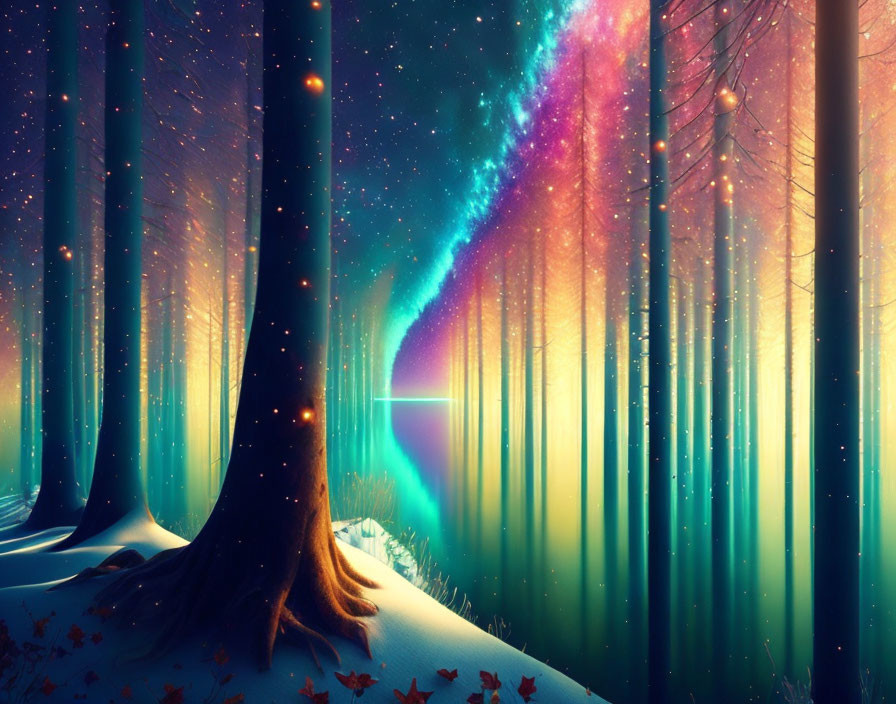 Enchanted forest with tall trees, colorful sky, and magical aura