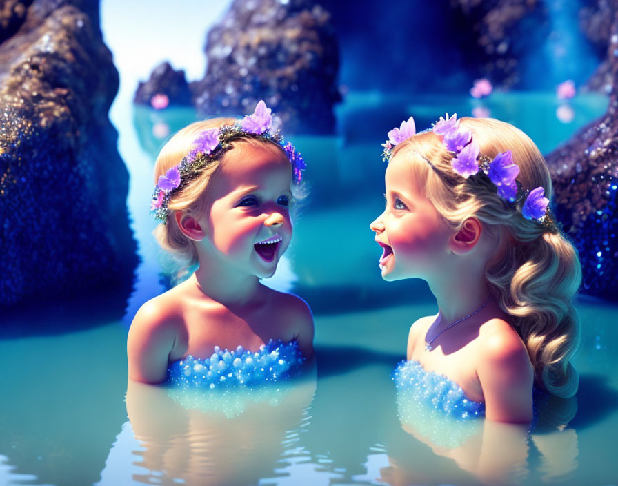 Two laughing fairy girls in magical water setting with blue glow