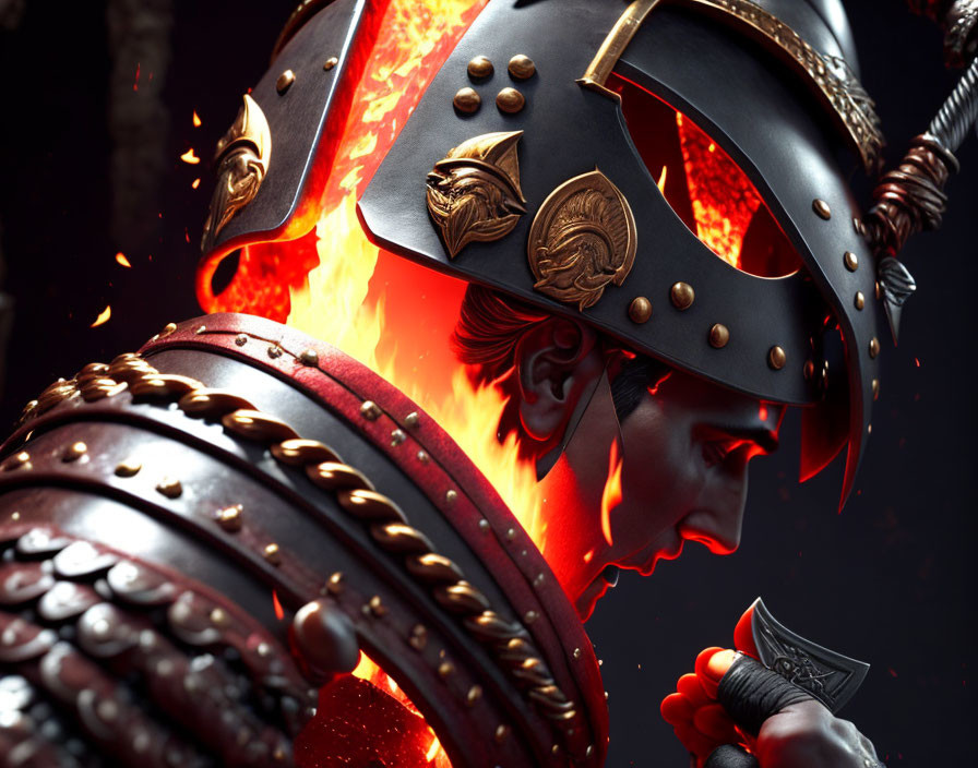 Detailed Roman armor and plumed helmet close-up against fiery background