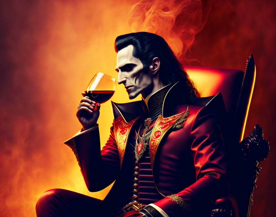 Stylized vampire nobleman in red and gold outfit sipping wine.