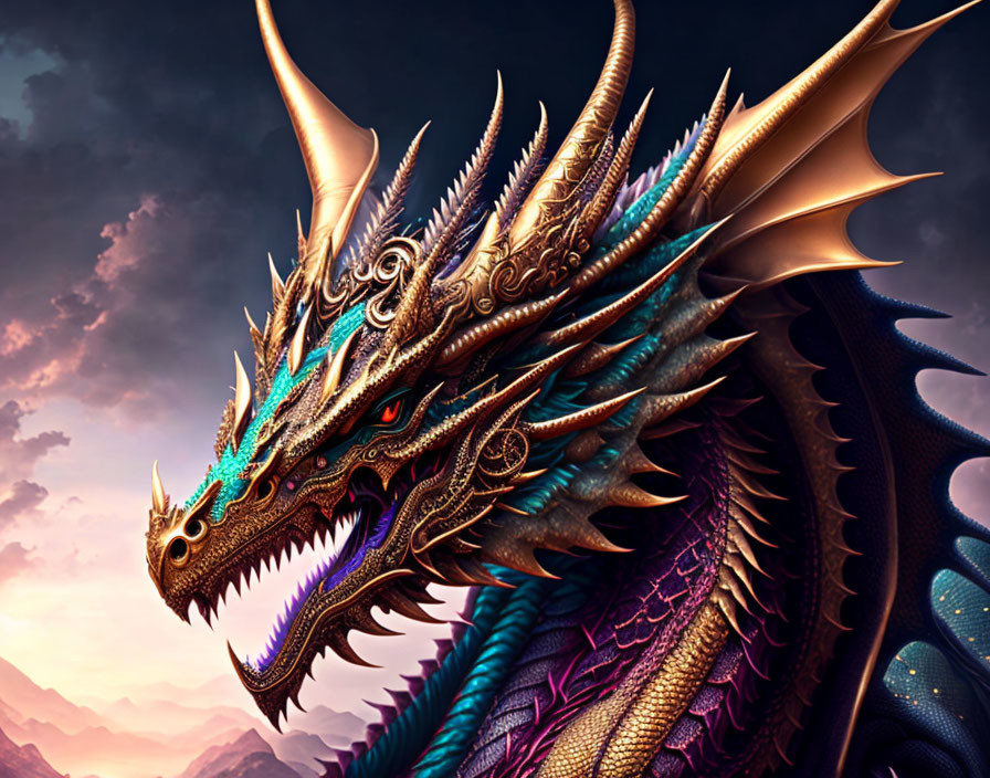 Golden dragon with red eyes in twilight sky with mountains.