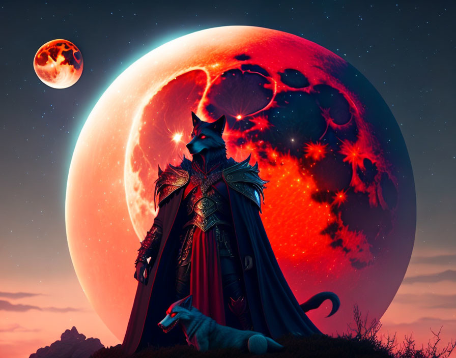 Anthropomorphic wolf warrior in armor under reddish moon