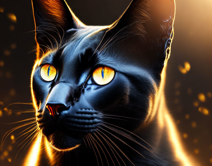 Digital Artwork: Black Cat with Yellow Eyes in Golden Light