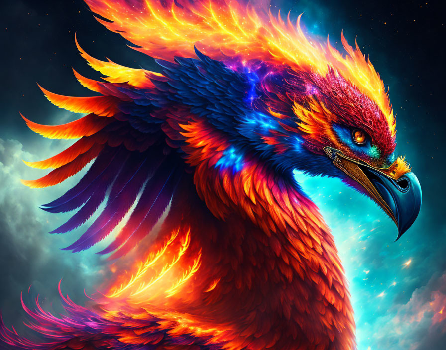 Colorful Phoenix Illustration with Flame Feathers on Starry Night Sky