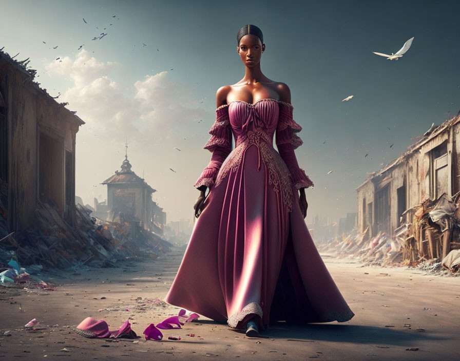 Elegant woman in purple gown in demolished cityscape with flying papers and white dove