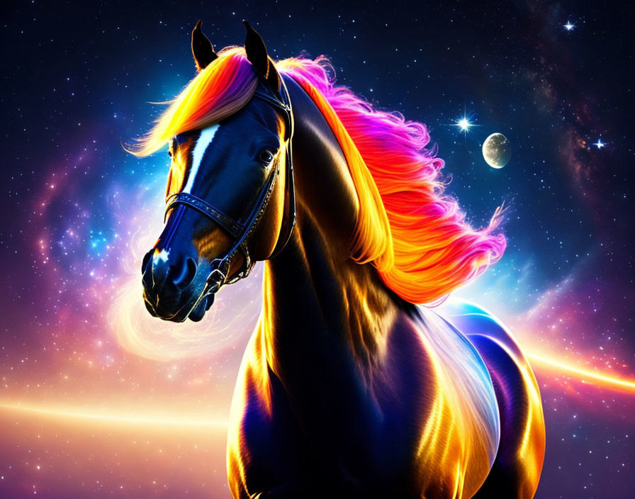 Colorful Horse Artwork with Fiery Mane on Cosmic Background