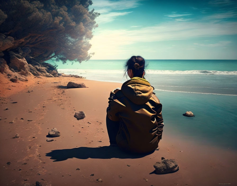 Person with backpack on sandy beach gazes at sea near tree-lined shore