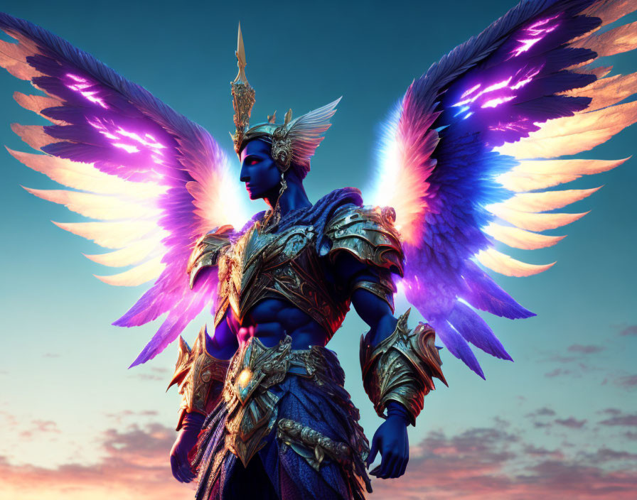 Blue-skinned figure with colorful wings in golden armor and headdress at dusk