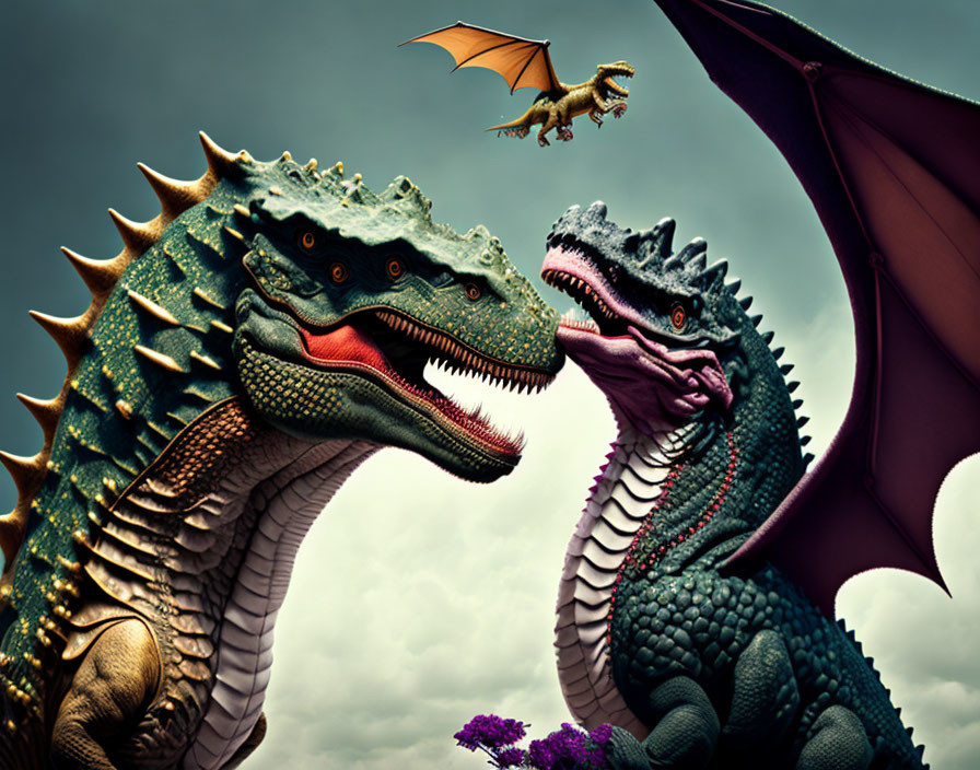 Detailed Dragon Artwork: Two Large Dragons Confronting Each Other