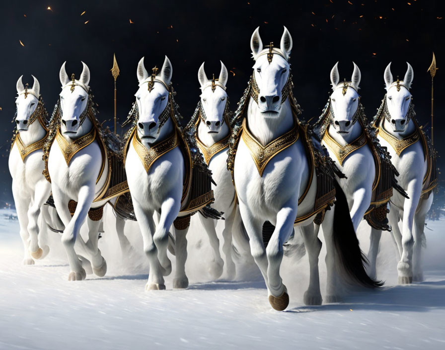 Six White Horses Galloping in Snowy Scene