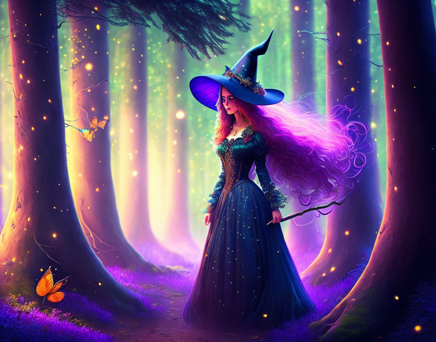 Enchantress with purple hair in luminous forest