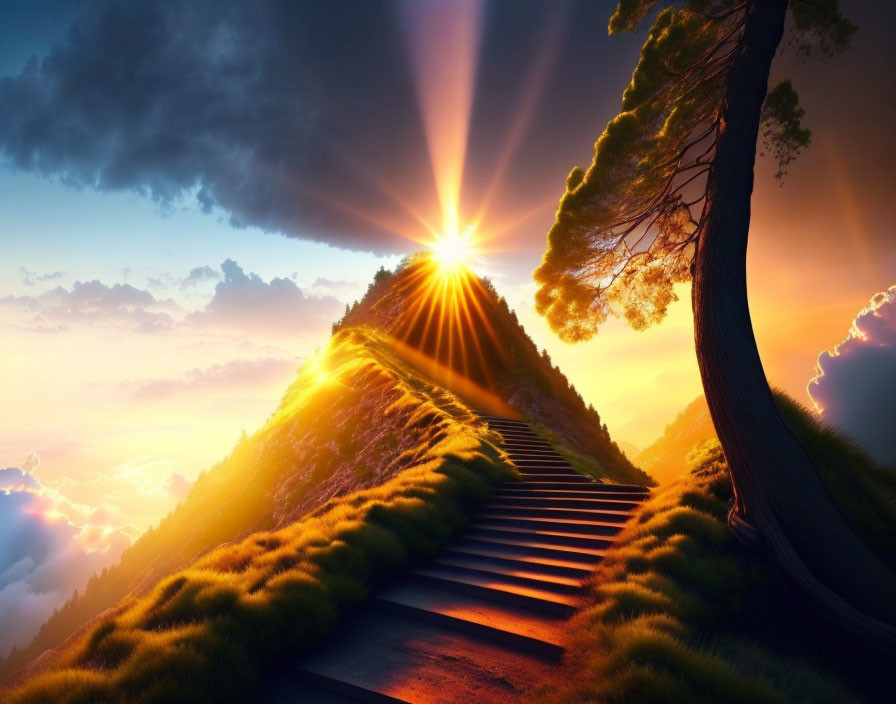 Sunburst over mountain peak with steps, lush greenery, tree, and clouds.