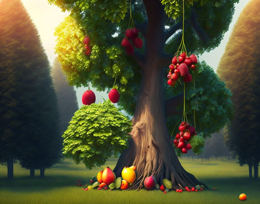 Forest Scene with Oversized Fruits in Soft Golden Light