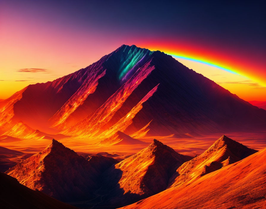 Colorful sunset over rugged mountains with a rainbow in the sky