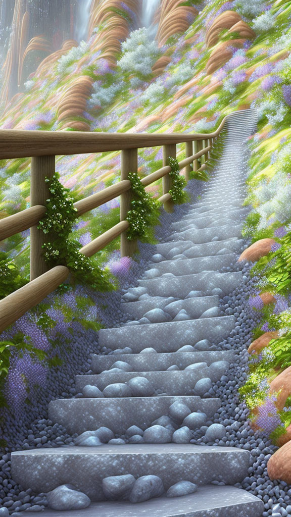 Stone stairway with wooden railing in vibrant flower-lined landscape leading to waterfall and misty cliffs.