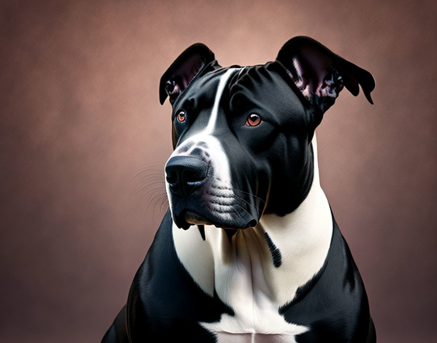 Black and White Dog with Alert Ears and Soulful Eyes on Brown Background