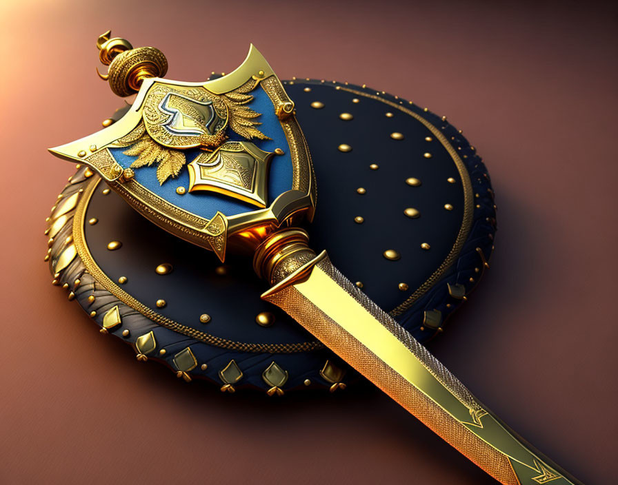 Golden Sword and Studded Shield with Blue Emblem