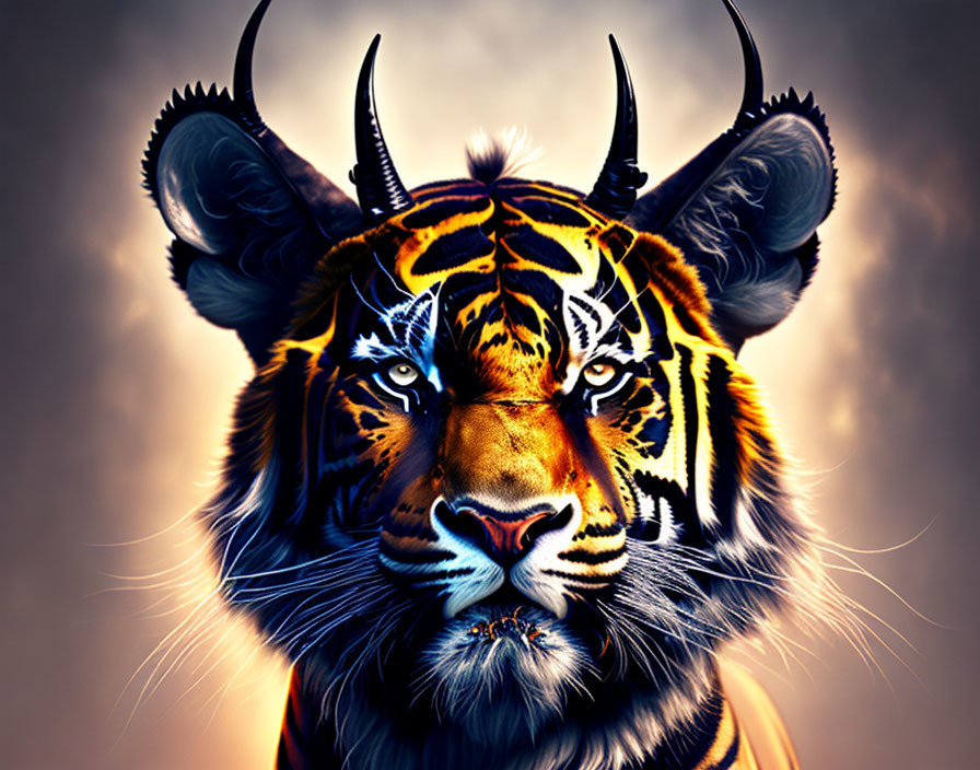 Tiger with Antelope Horns in Golden Background