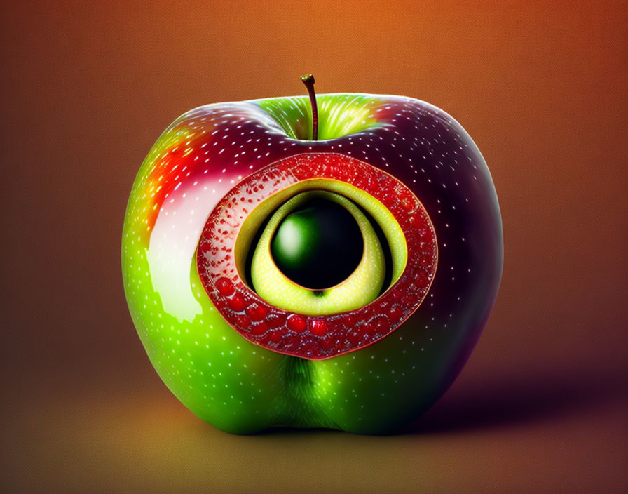 Multicolored apple with human-like eye on orange background