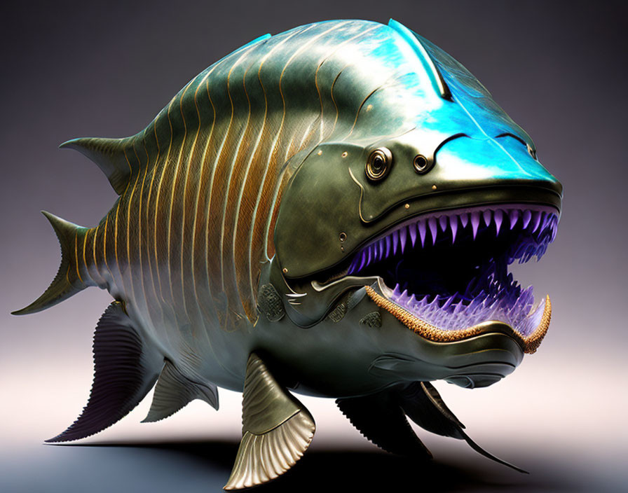 Fantastical fish with metallic scales and sharp teeth on gradient background