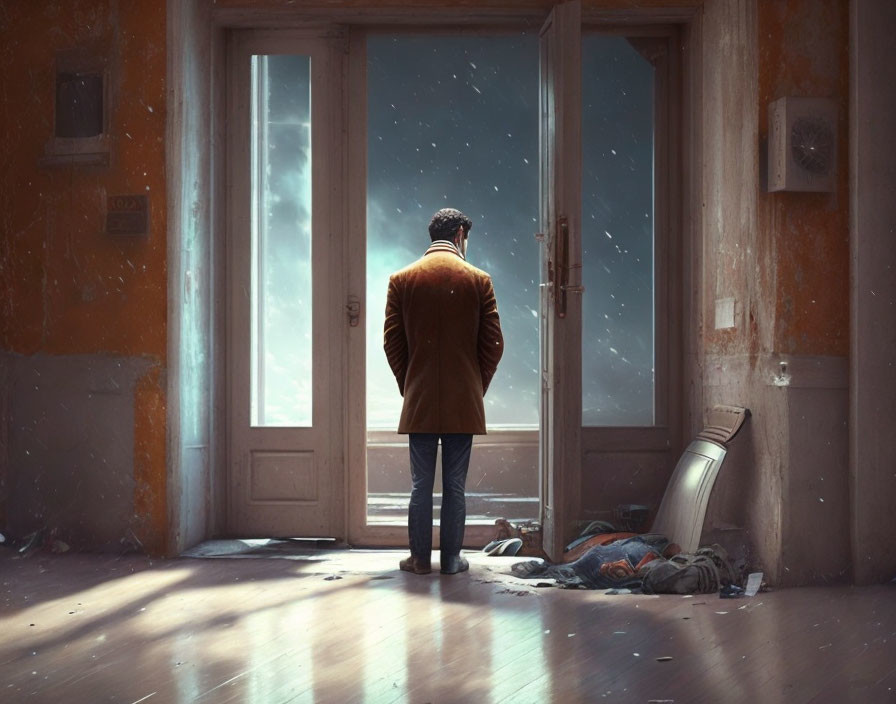 Man in brown coat gazes at falling snow through French doors in dilapidated room.