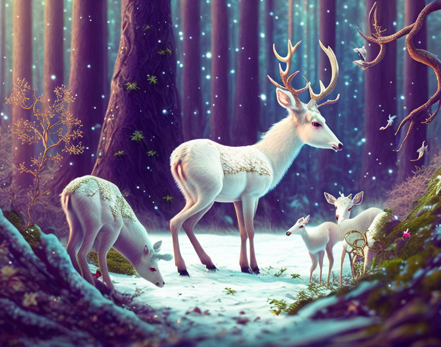 Enchanting fantasy forest with white stag, fawns, and twinkling stars