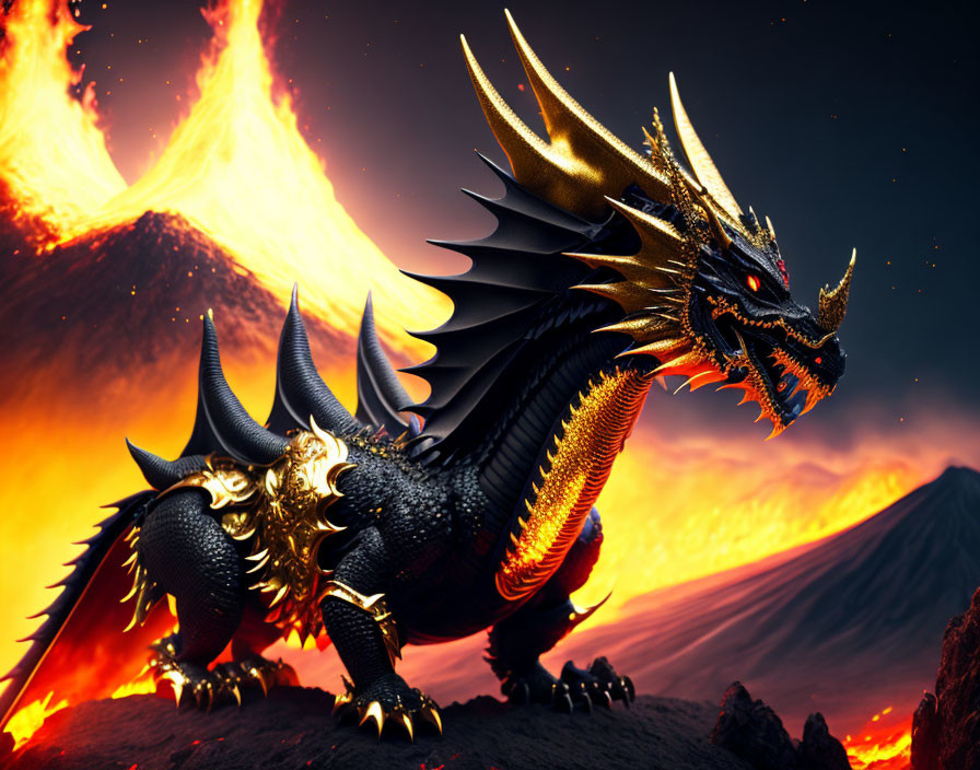 Black dragon with golden accents in front of erupting volcano