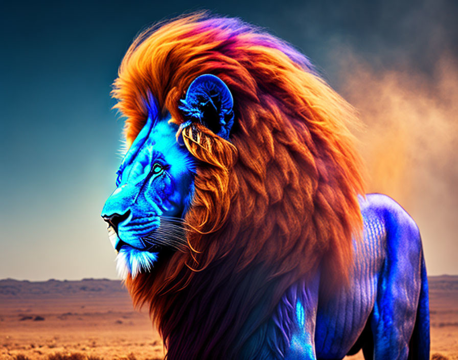 Digitally altered lion image with blue and orange mane in desert setting