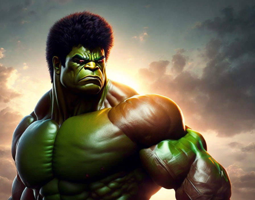 Muscular green-skinned character with dark hair and clenched fists in dramatic sky