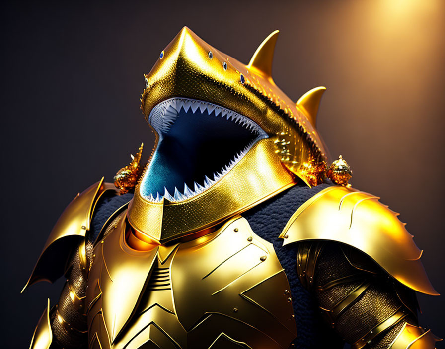 Golden armored figure with shark head helmet on dark background.