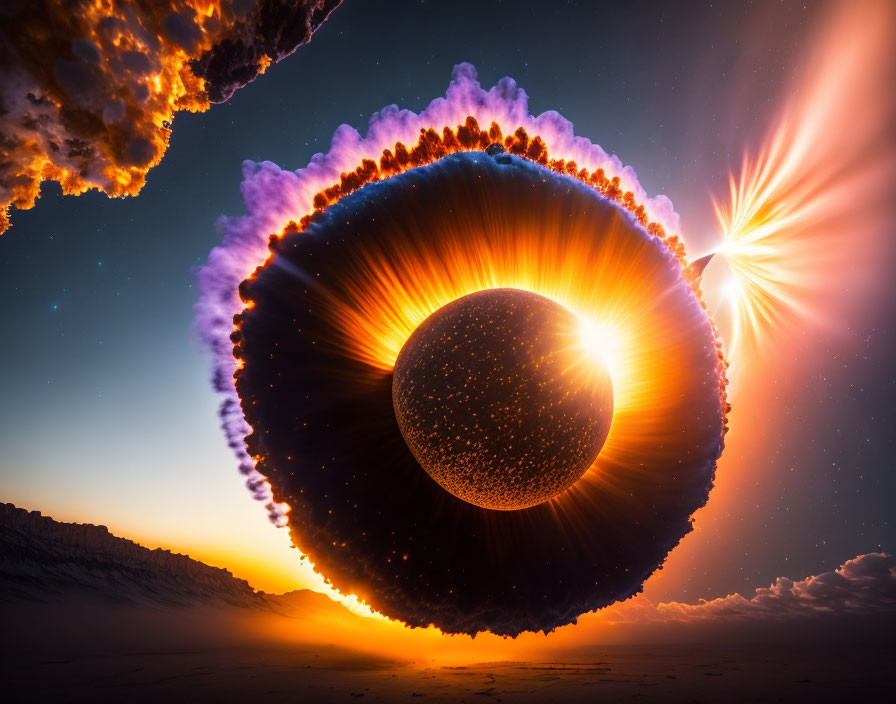 Celestial body eclipsed by dark sphere in surreal scene