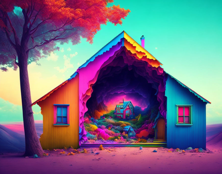 Colorful surreal house interior with landscape and sunset sky