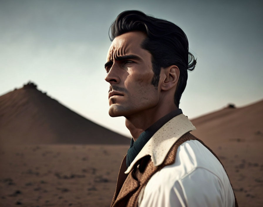 Man with Dark Hair in White and Brown Vest Stands in Desert