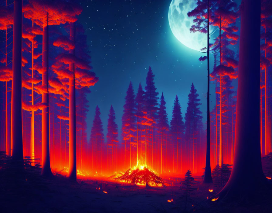 Surreal forest scene with glowing red light and moonlit sky