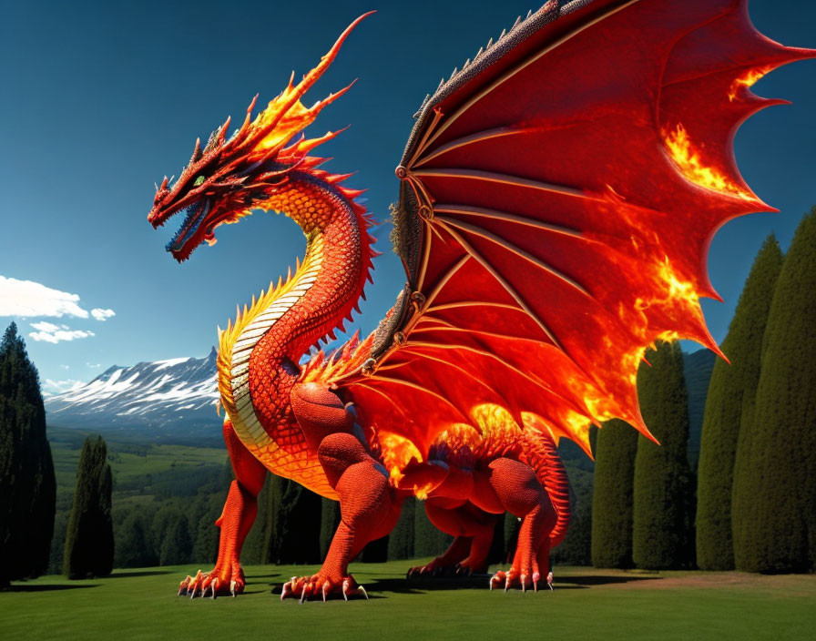 Majestic red dragon with expansive wings in lush green field