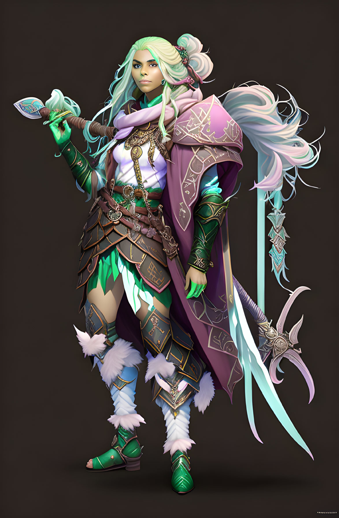 Fantasy warrior with green hair and crystalline sword against dark background