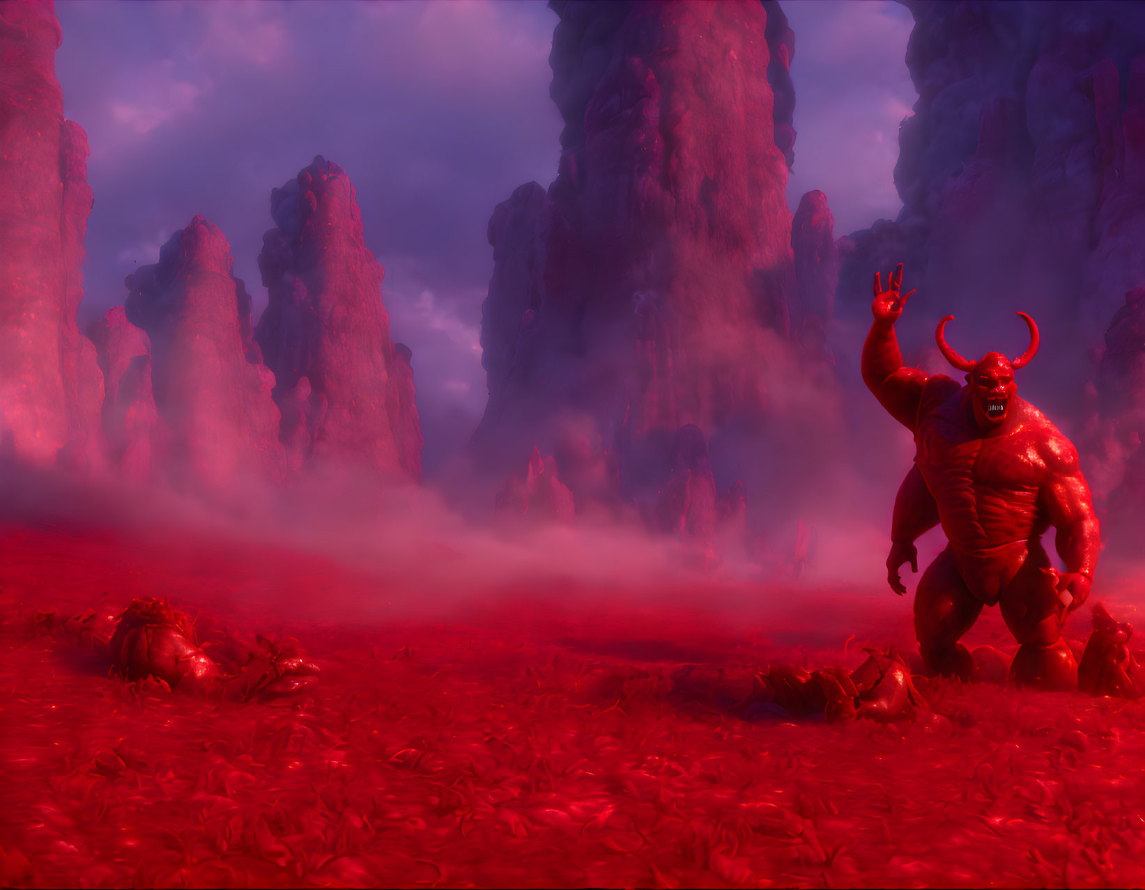 Menacing red demon with horns in crimson landscape.