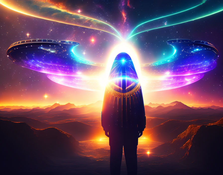 Person in surreal landscape with colorful cosmic entity